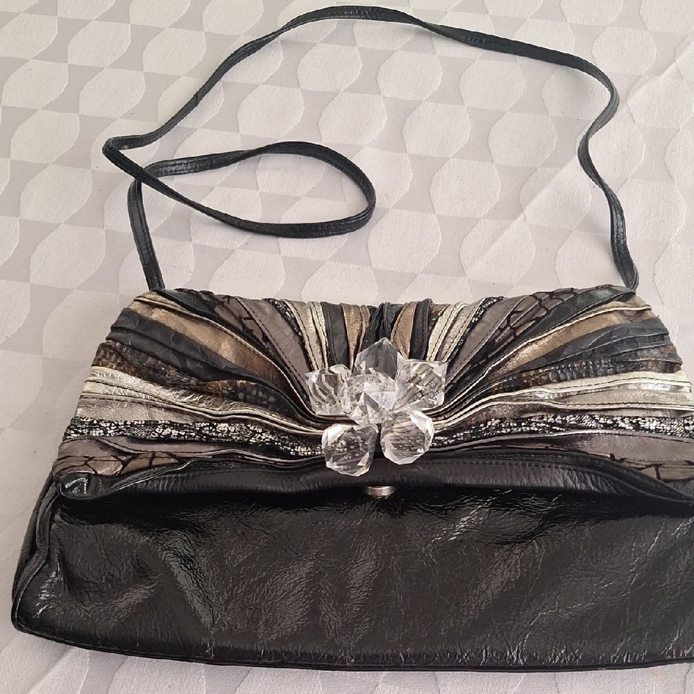 Elegant Black, Gold and Silver Women's Bag. Genuine Leather.